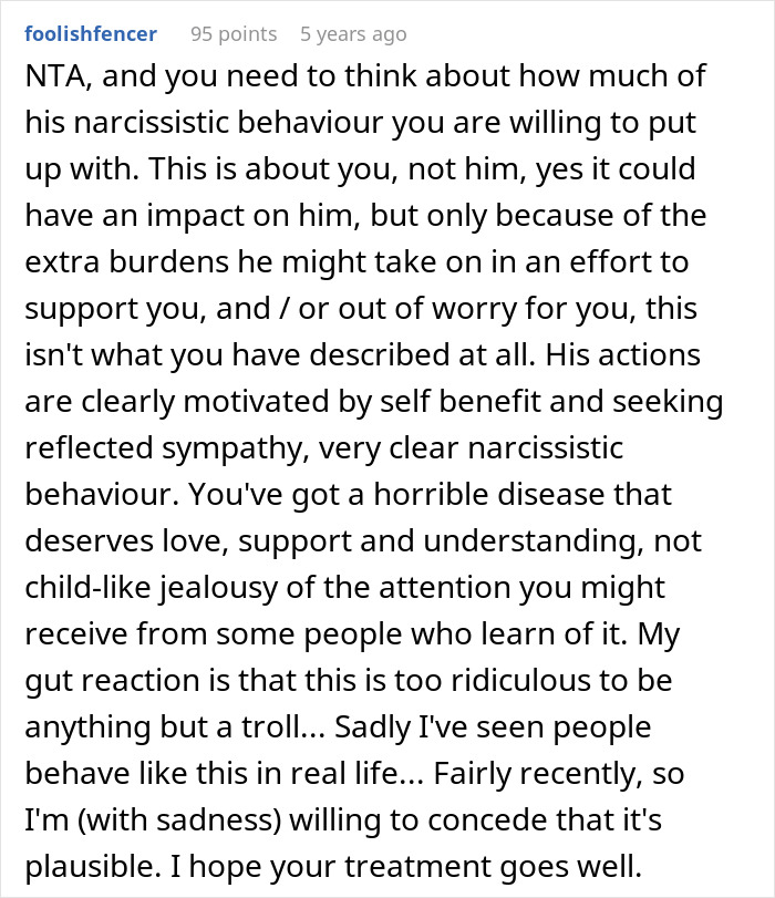 Reddit comment screenshot discussing narcissistic husband use cancer diagnosis excuses and seeking sympathy Reddit comment screenshot discussing narcissistic husband use cancer diagnosis excuses and seeking sympathy
