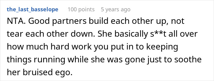 Reddit comment screenshot supporting guy embarrasses wife; user says good partners build each other up, not tear down Reddit comment screenshot supporting guy embarrasses wife; user says good partners build each other up, not tear down