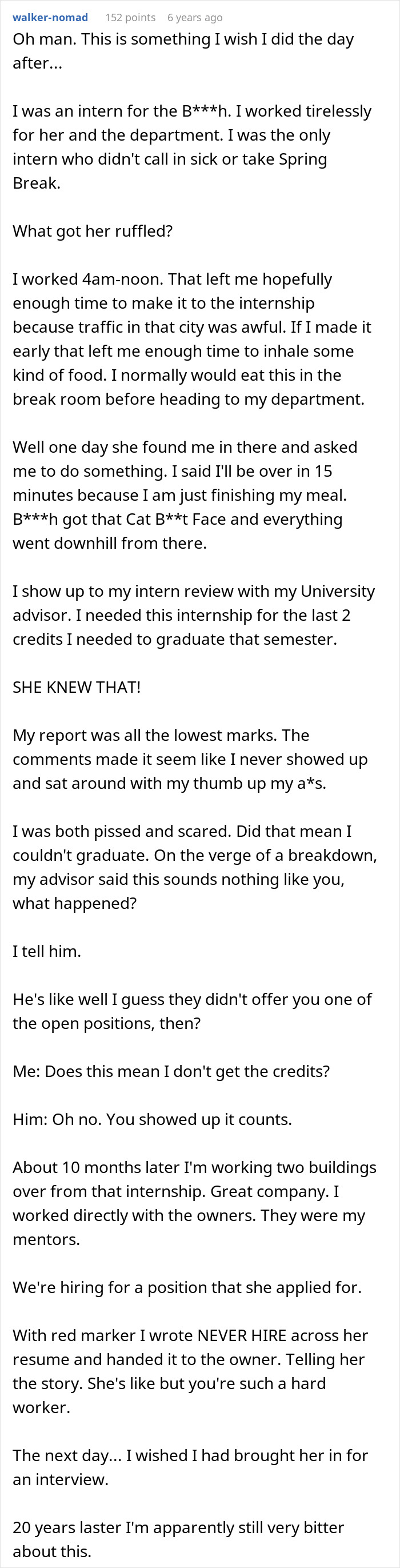 Screenshot of a revenge story where a man exposes a coworker who got him fired years prior with a marked resume.