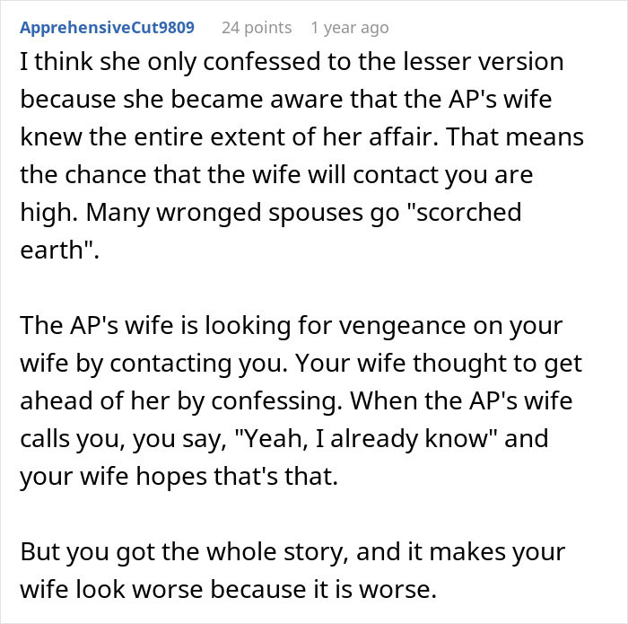Comment discussing a man uncovering the truth about his wife's cheating long after the initial incident.