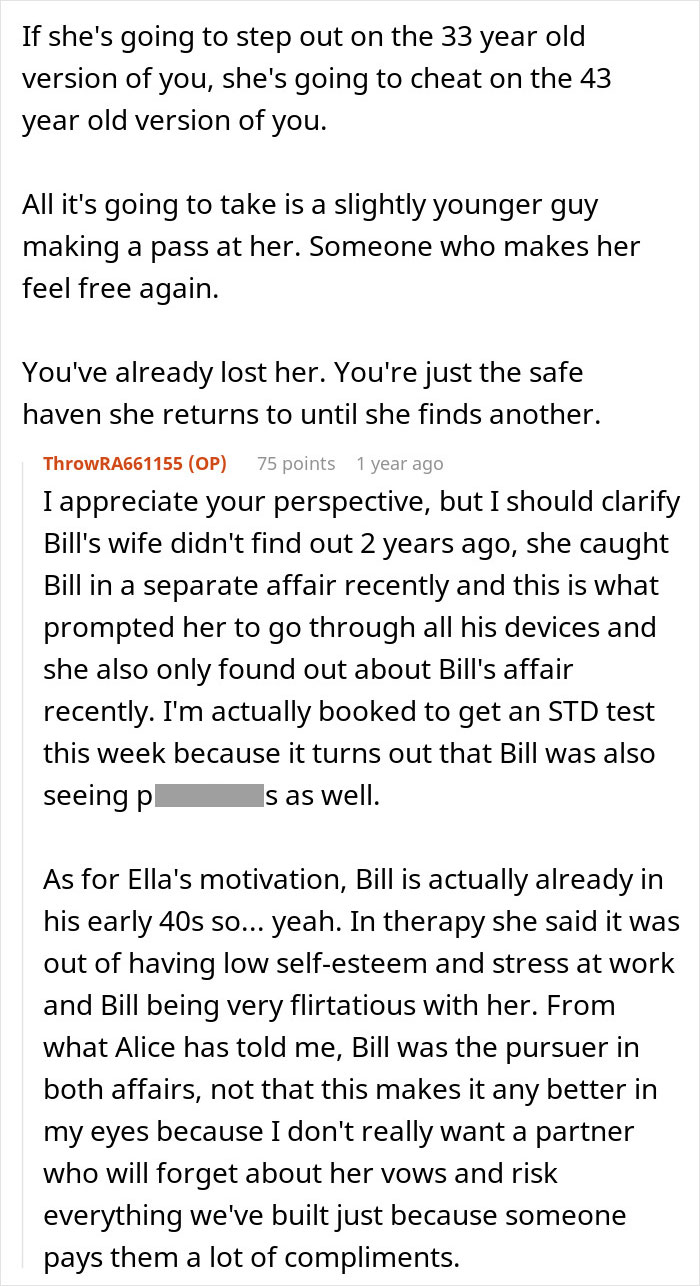 Online text post discussing a man discovering his wife’s cheating involved multiple affairs, not one night.