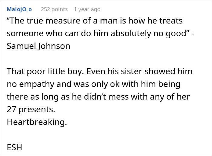 Comment discussing lack of empathy as daughter receives 27 presents and half-brother only 1, highlighting family gift disparity. Comment discussing lack of empathy as daughter receives 27 presents and half-brother only 1, highlighting family gift disparity.
