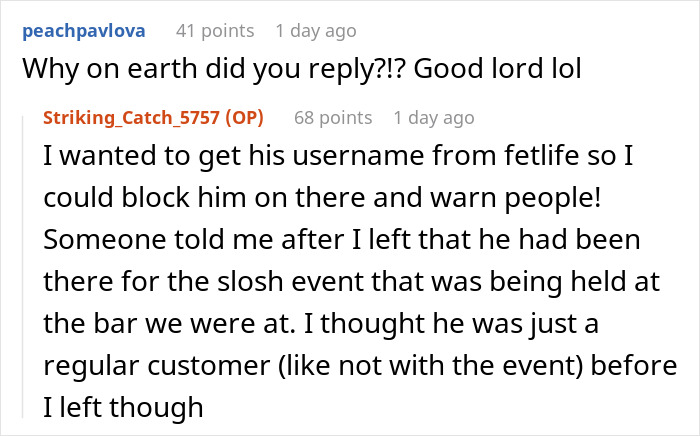 Screenshot of an online discussion about a strange guy at a relationship bar and attempts to warn others about him. Screenshot of an online discussion about a strange guy at a relationship bar and attempts to warn others about him.