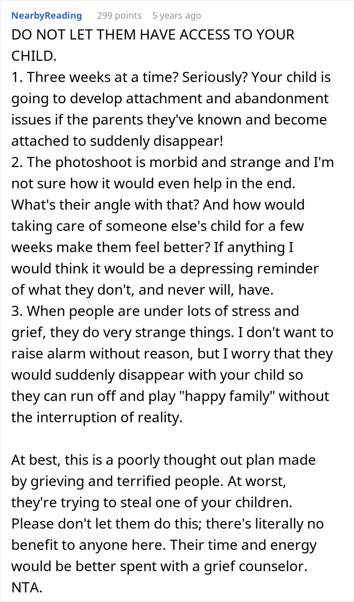 Reddit comment warning against letting a cousin with cancer borrow baby due to attachment and emotional risks. Reddit comment warning against letting a cousin with cancer borrow baby due to attachment and emotional risks.