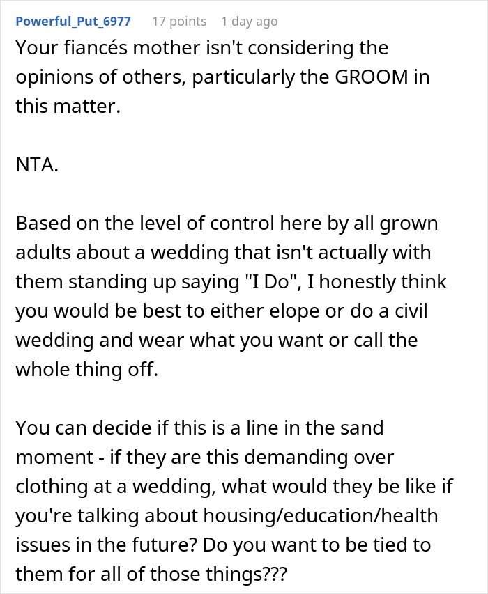 Comment discussing a groom refusing marriage due to mother dictating wedding attire and control issues.