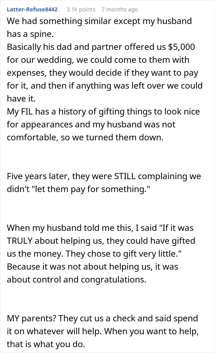 Reddit post discussing manipulative gift from MIL seen as a controlling and not truly generous gesture in family dynamics. Reddit post discussing manipulative gift from MIL seen as a controlling and not truly generous gesture in family dynamics.