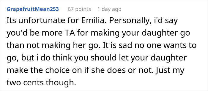 Reddit comment about parent wonders whether to make daughter attend a birthday, suggests letting daughter choose. Reddit comment about parent wonders whether to make daughter attend a birthday, suggests letting daughter choose.