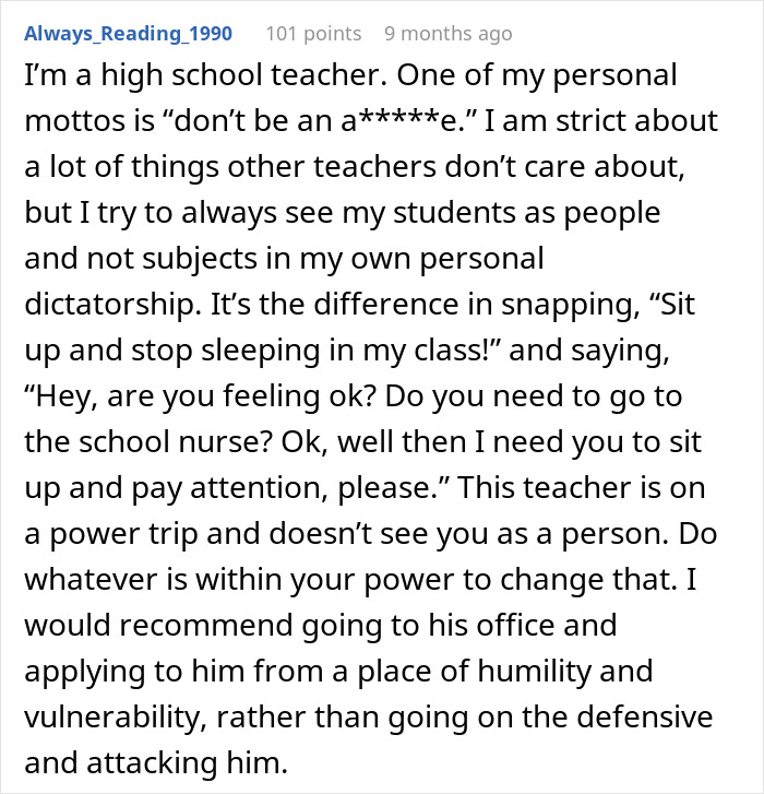 Text post showing a high school teacher&rsquo;s view on managing students with empathy amid enforcing classroom phone rules.