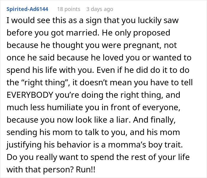 Alt text: Text message warning about a man showing his true colors after assuming fiancée is pregnant, causing shock and humiliation. Alt text: Text message warning about a man showing his true colors after assuming fiancée is pregnant, causing shock and humiliation.