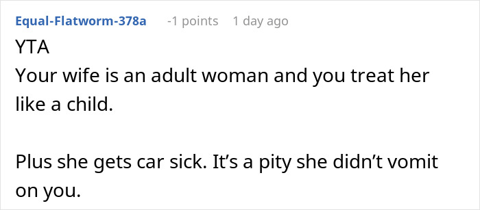 Screenshot of a forum comment discussing a husband banning his wife from the front seat after her anxiety meltdown. Screenshot of a forum comment discussing a husband banning his wife from the front seat after her anxiety meltdown.