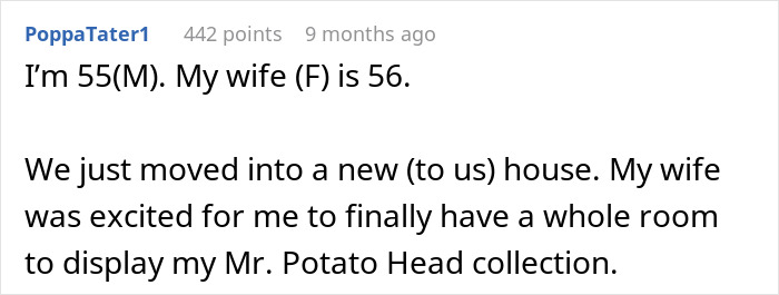 Text post with a man explaining his wife banned his hobbies, so he secretly plays video games and buys Star Wars figures.