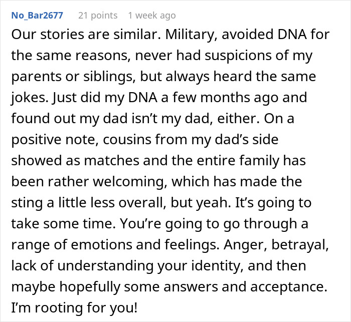 Comment about a man discovering secret family after doing an ancestry DNA test, sharing emotions and acceptance. Comment about a man discovering secret family after doing an ancestry DNA test, sharing emotions and acceptance.