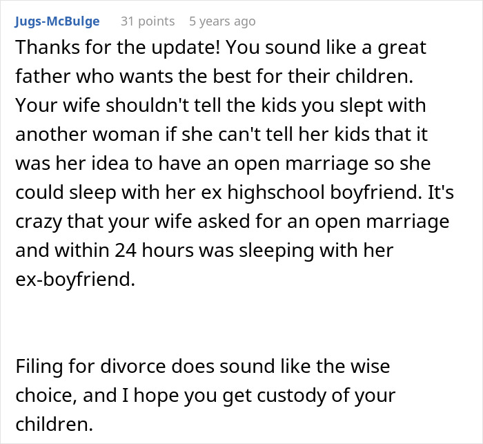Comment discussing a wife making husband agree to an open marriage to reconnect with her ex.