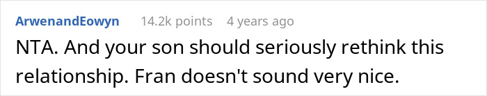 Screenshot of online comment advising a mom’s son to rethink his relationship with his girlfriend turned fiancée after high school urging. Screenshot of online comment advising a mom’s son to rethink his relationship with his girlfriend turned fiancée after high school urging.