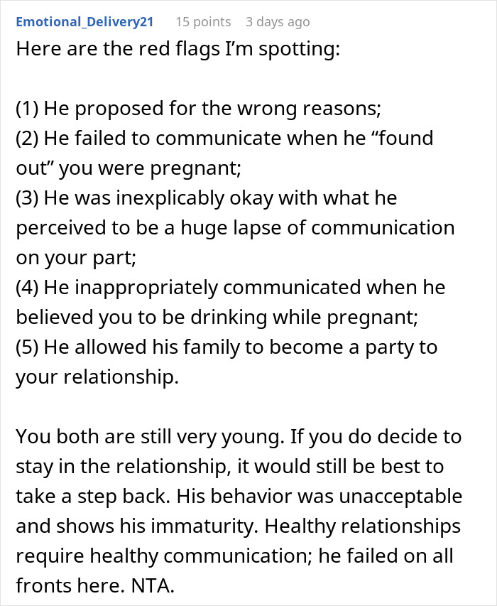 Text post discussing red flags in a relationship after man assumes fiancée is pregnant, revealing true colors and causing shock. Text post discussing red flags in a relationship after man assumes fiancée is pregnant, revealing true colors and causing shock.
