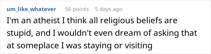 Screenshot of online comment from atheist woman expressing frustration about religious beliefs and in-laws' refusal to remove religious items. Screenshot of online comment from atheist woman expressing frustration about religious beliefs and in-laws' refusal to remove religious items.