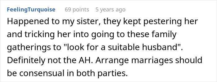 Commenter sharing a personal story about arranged marriages needing consent in family gatherings discussing proposals in India. Commenter sharing a personal story about arranged marriages needing consent in family gatherings discussing proposals in India.