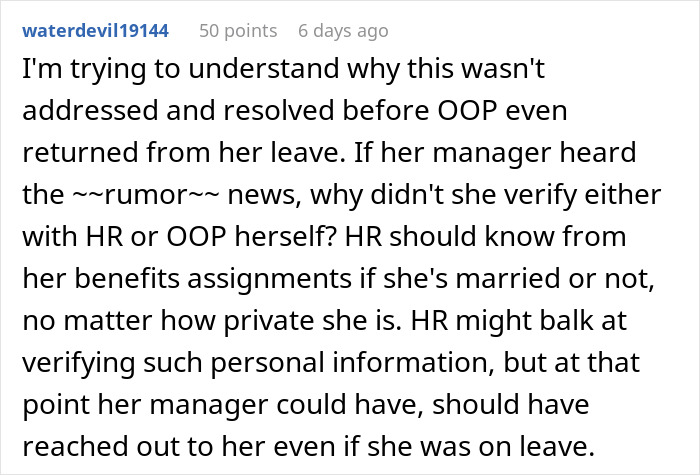 Text excerpt discussing a married lady returning from leave to find coworker spreading rumors about a second husband.