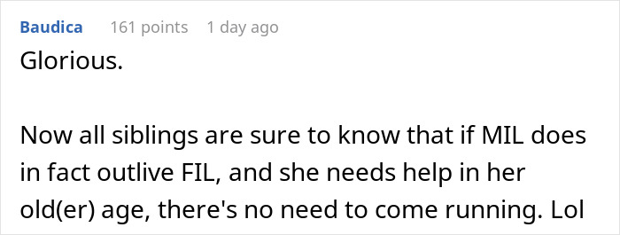 Reddit comment screenshot about Greedy Mom and inheritance plans, user says siblings won't rush to help older mother Reddit comment screenshot about Greedy Mom and inheritance plans, user says siblings won't rush to help older mother