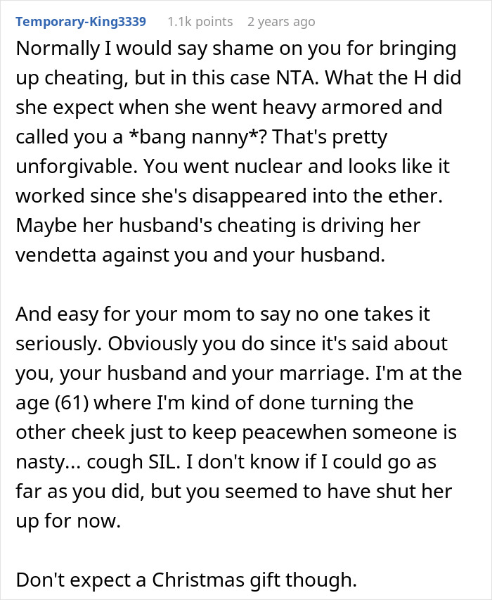 Screenshot of a Reddit comment discussing a lady insulting SIL’s hubby and addressing partner’s cheating allegations.