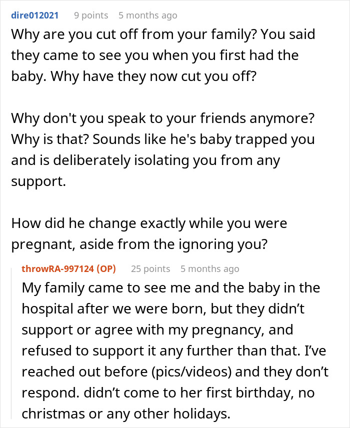 Online conversation about a young mom isolated and baby trapped by partner after having his baby, seeking escape.