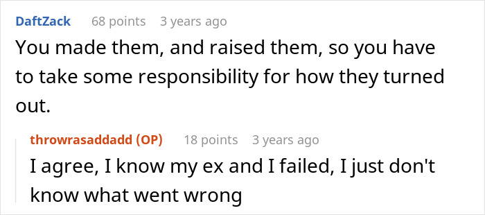 Screenshot of a Reddit conversation about a dad claiming he did everything for his children but views them as failures.