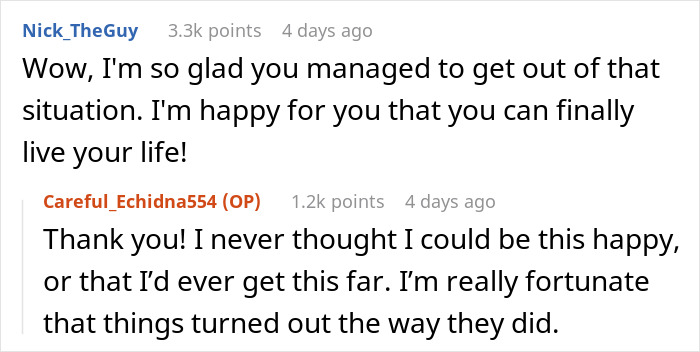 Screenshot of an online conversation where a teen shares relief after escaping a forced marriage and finding happiness.