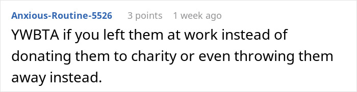 Screenshot of online comment discussing donating or throwing away items, related to daycare worker and passive-aggressive gift situation. Screenshot of online comment discussing donating or throwing away items, related to daycare worker and passive-aggressive gift situation.