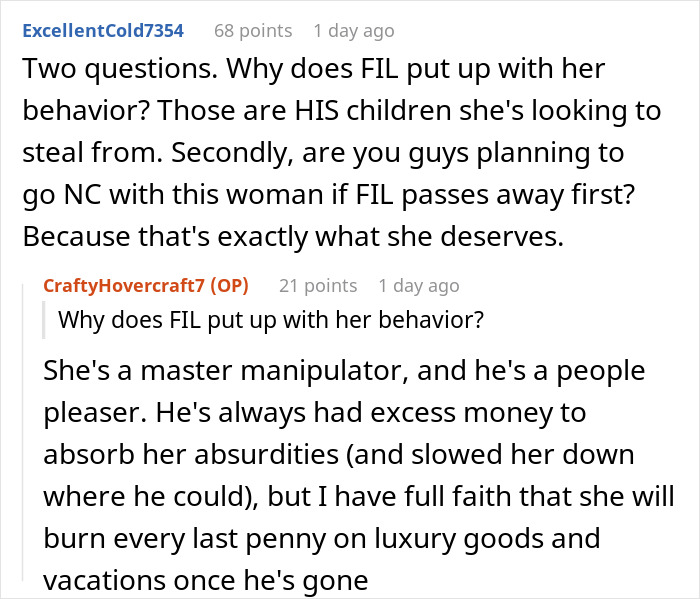 Reddit comment screenshot about Greedy Mom, inheritance plans and manipulative behavior between users. Reddit comment screenshot about Greedy Mom, inheritance plans and manipulative behavior between users.