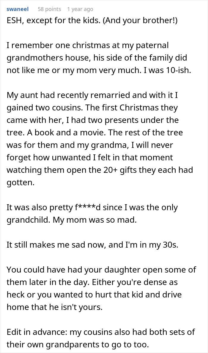 Screenshot of a forum comment discussing unequal Christmas presents for daughter and half-brother with no guilt from dad. Screenshot of a forum comment discussing unequal Christmas presents for daughter and half-brother with no guilt from dad.