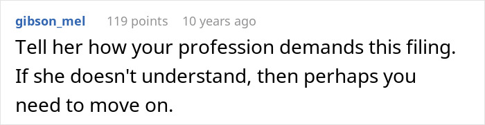 Comment from user gibson_mel advising to explain job demands and move on if not understood, related to guy&rsquo;s heroic actions leaving him single.