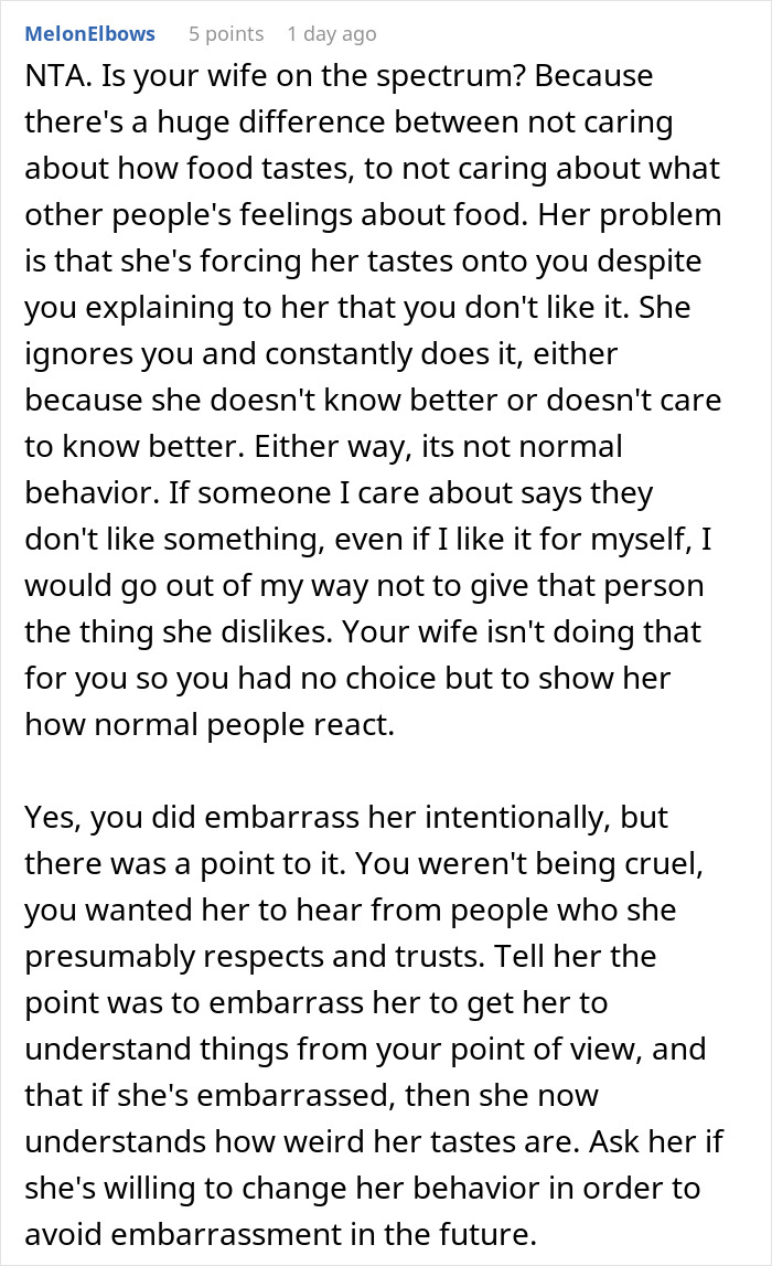 Comment discussing wife&rsquo;s reaction after husband embarrasses her in front of her parents as a lesson.