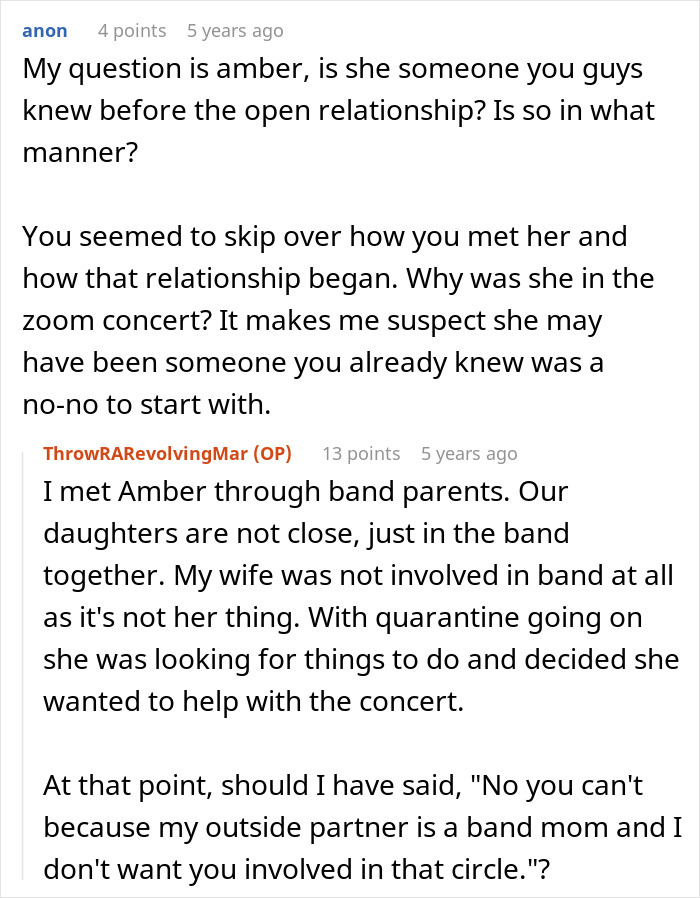 Text conversation about wife making husband agree to an open marriage to reconnect with her ex and related relationship concerns.