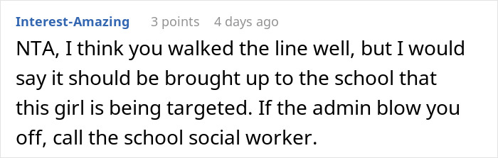 Screenshot of a forum comment discussing handling bullying and involving the school social worker for targeted students. Screenshot of a forum comment discussing handling bullying and involving the school social worker for targeted students.