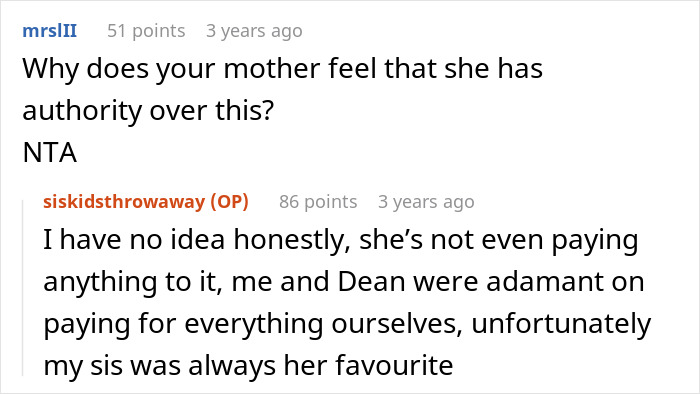 Screenshot of a Reddit conversation discussing a mom forcing bride-to-be to include sister’s unruly kids at wedding. Screenshot of a Reddit conversation discussing a mom forcing bride-to-be to include sister’s unruly kids at wedding.