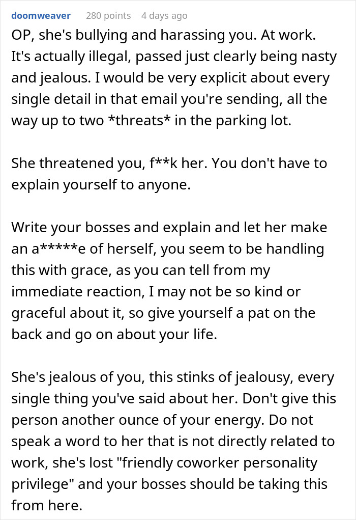 Text screenshot of a Reddit comment about bullying and harassment at work involving a coworker and disability accusations.