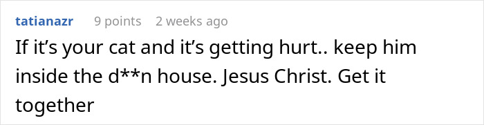 Reddit comment warning to keep a cat inside after it starts disappearing for days, mentioning concern for the cat&rsquo;s safety.