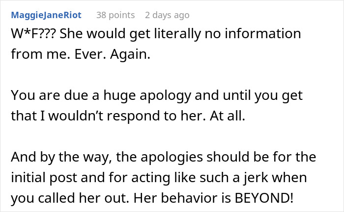 Comment expressing frustration and demanding an apology after a woman snaps at her controlling vegan friend.