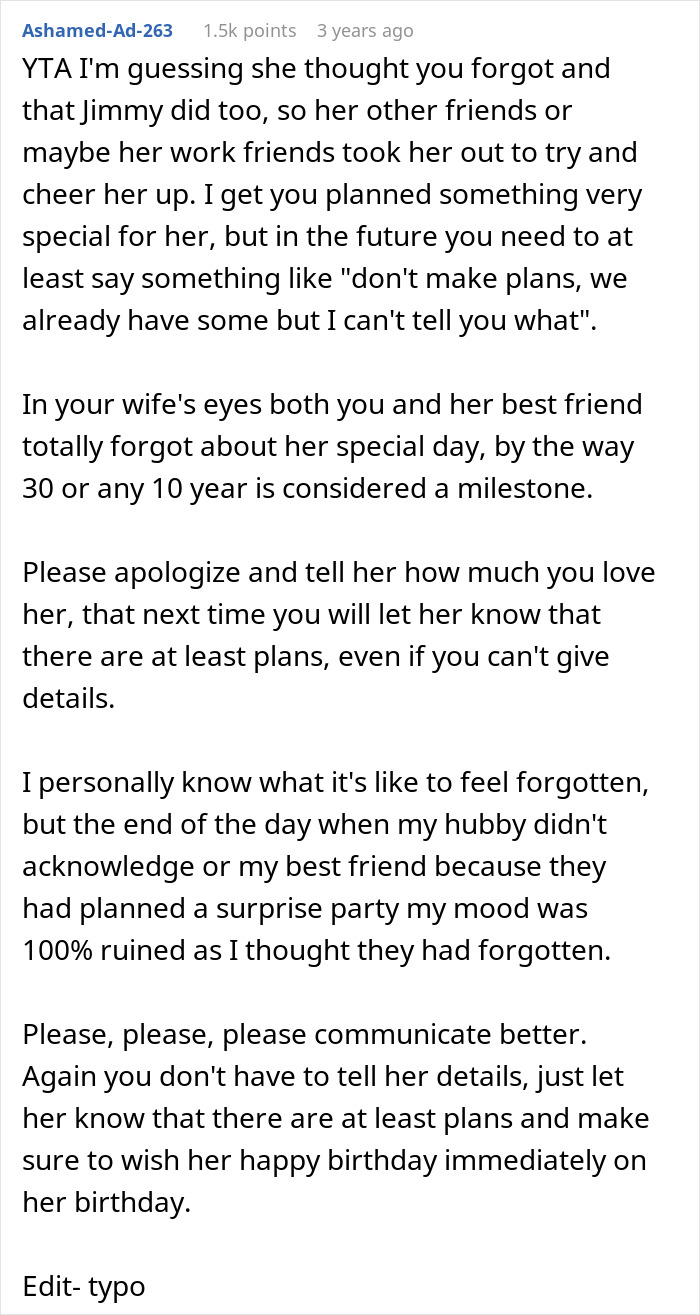 Screenshot of a Reddit comment advising apology after wife mopes at birthday party when husband plans a surprise.