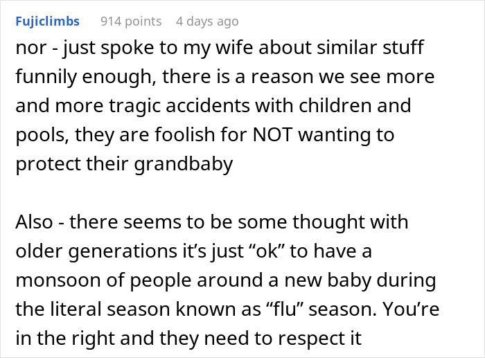 Comment discussing in-laws refusing to prioritize grandchild’s safety, leading to being banned from babysitting. Comment discussing in-laws refusing to prioritize grandchild’s safety, leading to being banned from babysitting.