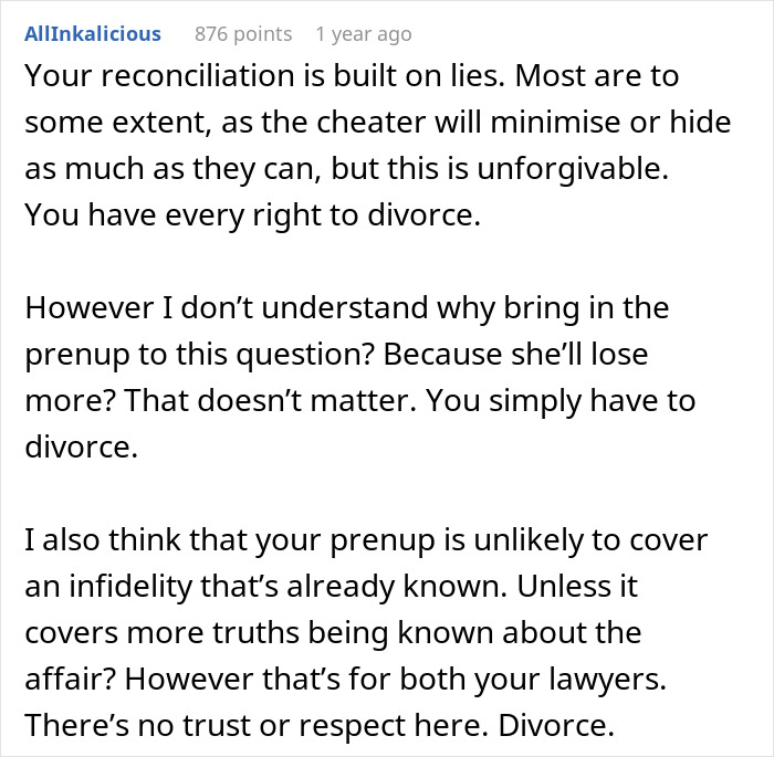 Comment discussing divorce advice after discovering wife’s cheating and the impact of a prenuptial agreement.