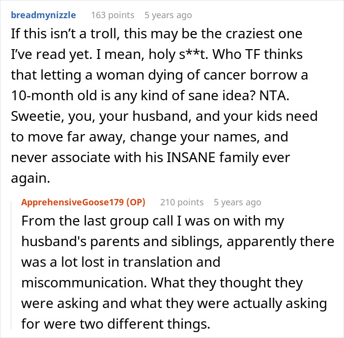 Reddit comments discussing a cousin with cancer wanting to borrow a baby, describing the request as creepy and insane.
