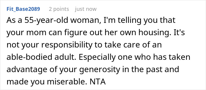 Text post about adult son refusing religious mom moving in, addressing guilt trips and responsibility for housing decisions. Text post about adult son refusing religious mom moving in, addressing guilt trips and responsibility for housing decisions.