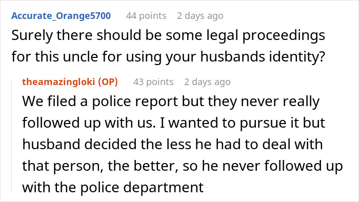 Reddit user discusses police report and legal issues involving identity misuse related to mil refuse baby name dispute.