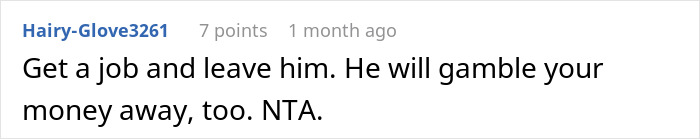 Comment about husband blaming SAHM wife for financial problems and telling her to get a job, resulting in divorce.