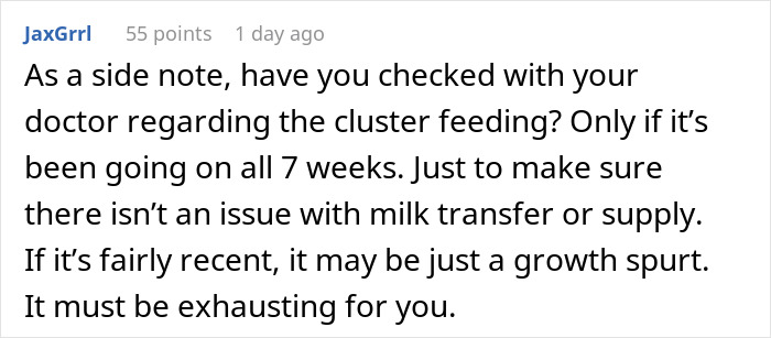 Comment discussing cluster feeding concerns from a new mom seeking advice on baby care and milk supply issues. Comment discussing cluster feeding concerns from a new mom seeking advice on baby care and milk supply issues.