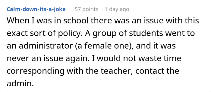 Screenshot of a Reddit comment discussing school policy issues about teachers ignoring student emergencies and involving administrators.