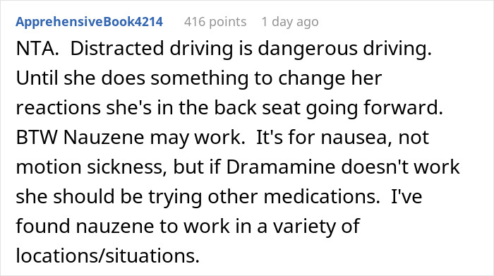 Comment about distracted driving risks and wife&rsquo;s anxiety meltdown leading to ban from front seat for safety.