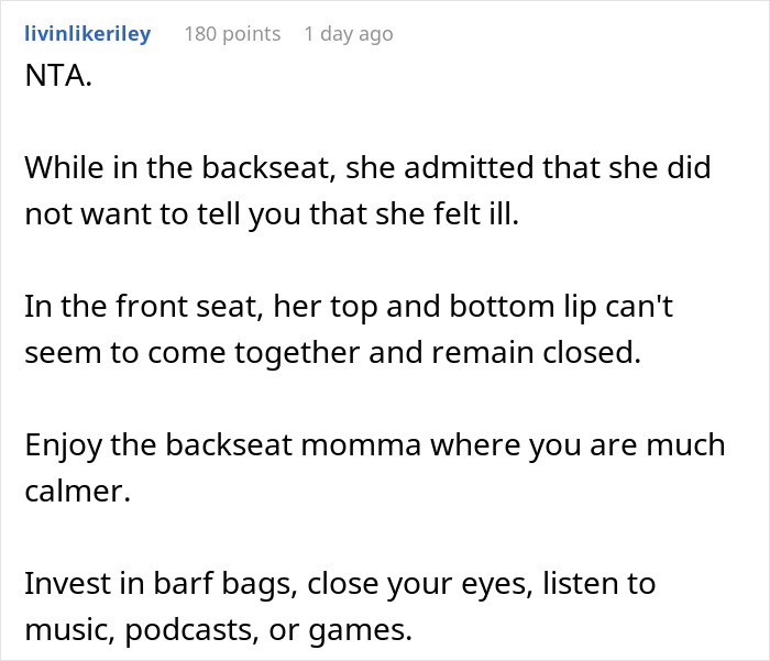 Reddit comment discussing husband banning wife from front seat after anxiety meltdown risks their safety. Reddit comment discussing husband banning wife from front seat after anxiety meltdown risks their safety.