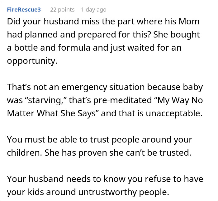 Reddit comment screenshot about mom takes her baby storming off after MIL tried to take over feeding Reddit comment screenshot about mom takes her baby storming off after MIL tried to take over feeding